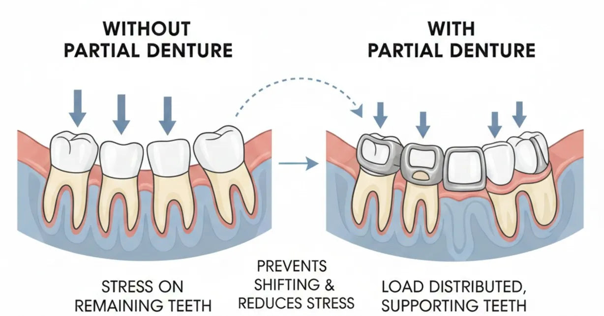 Illustration of partial dentures preserving natural teeth alignment