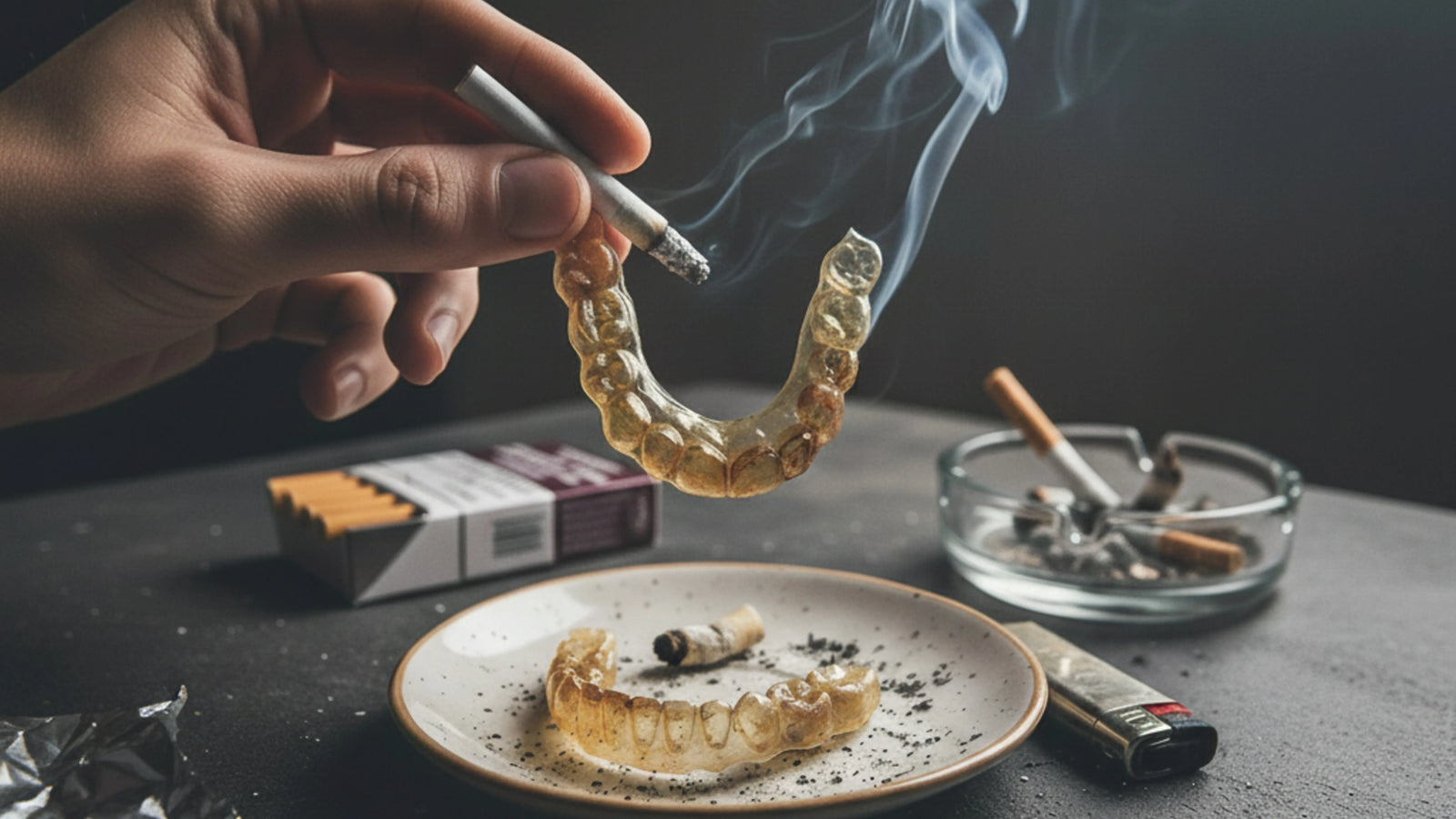 Yellow-stained clear aligners from nicotine exposure