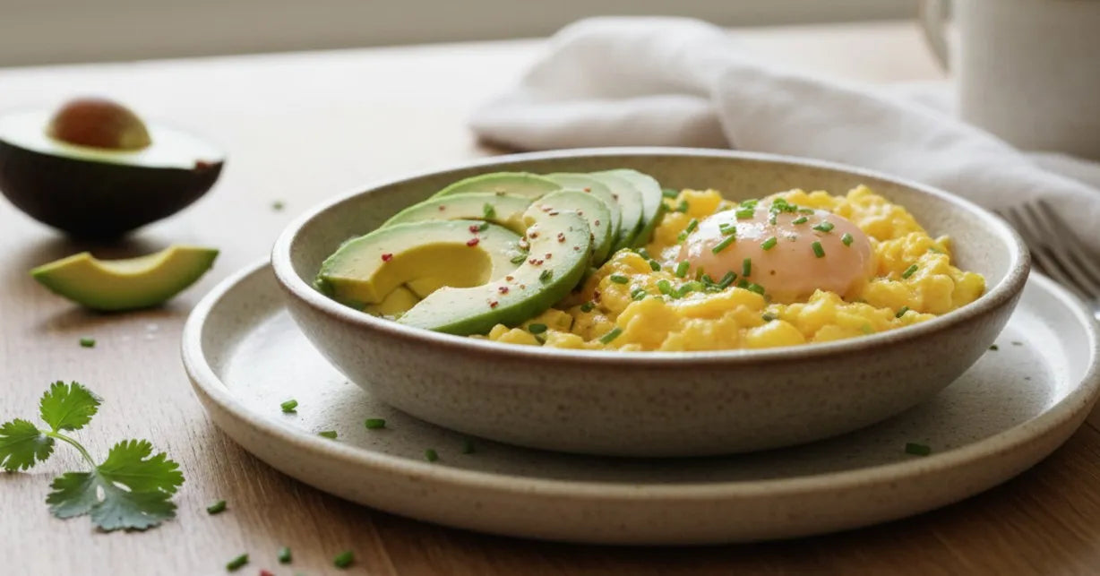 Scrambled eggs with soft avocado for gentle protein