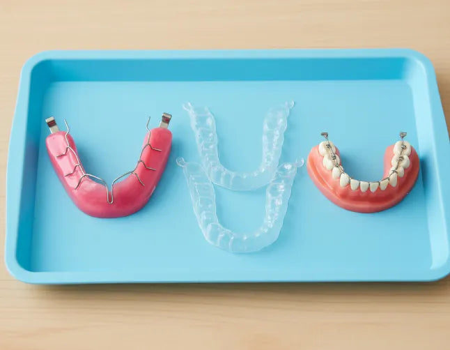 Flatlay of different types of retainers (Hawley, clear, fixed) on a dental tray.