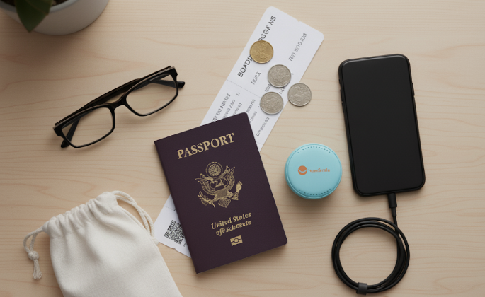 Flatlay of passport and aligner case for travel with clear aligners