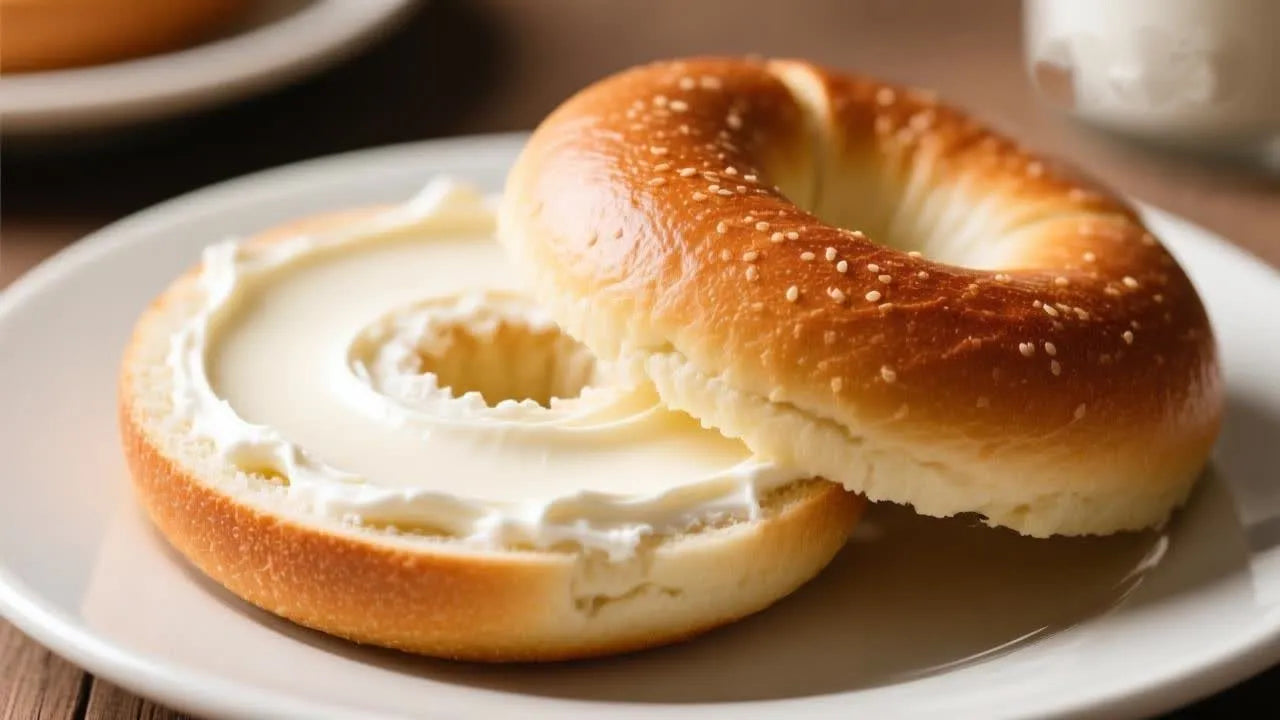 Soft bagel sliced and spread with cream cheese, gentle on teeth and aligners.