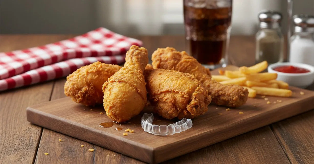 Fried chicken and clear aligner case illustrating crunch risks