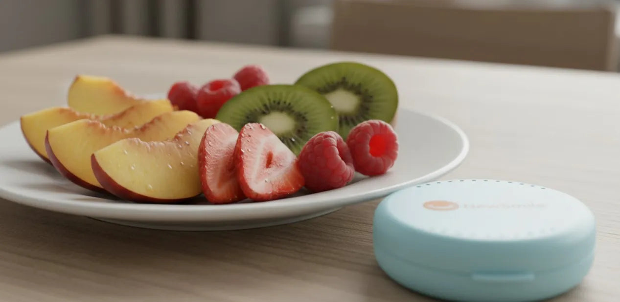Assorted soft fruit slices like bananas and ripe pears arranged on a plate for aligner users