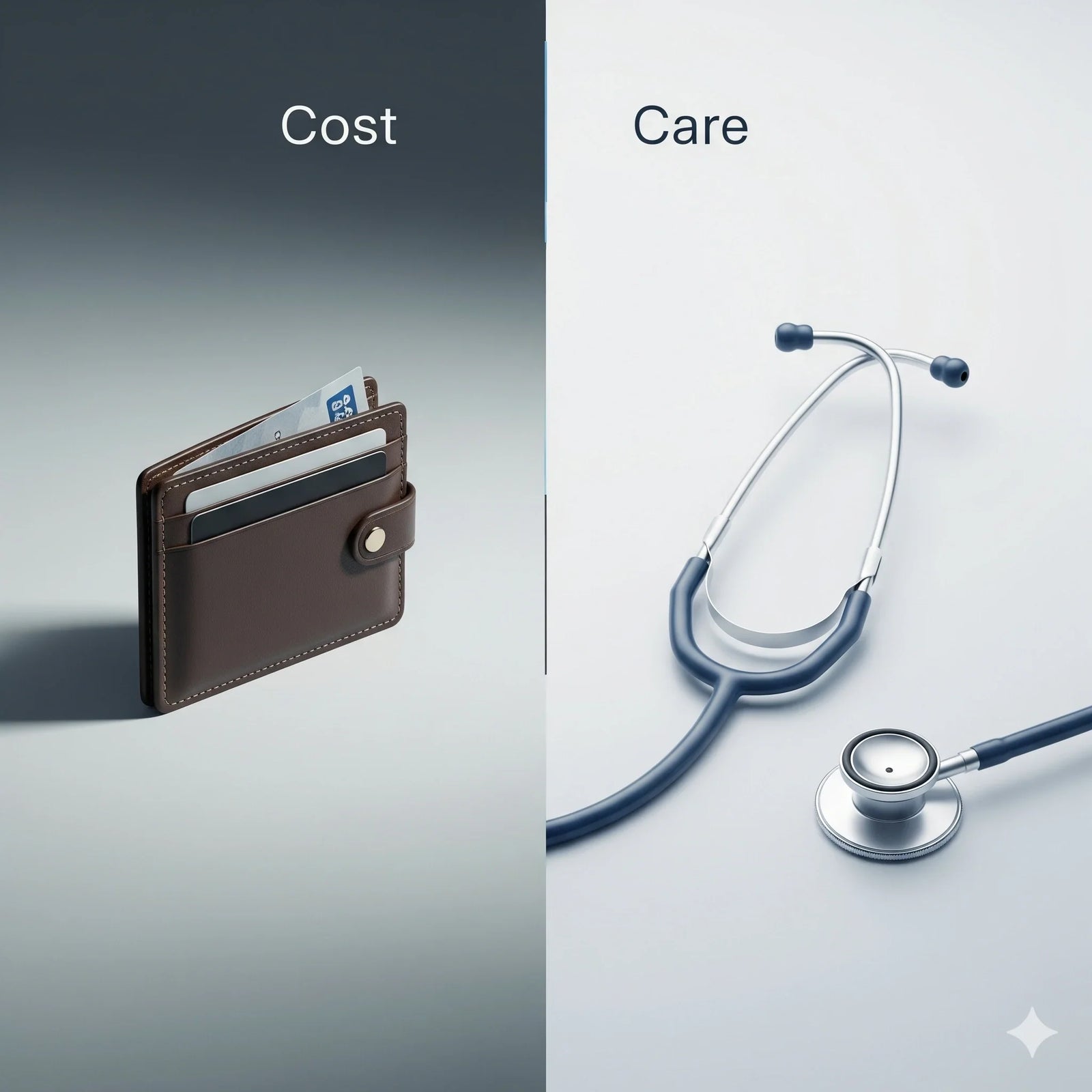 Split-screen graphic: wallet vs stethoscope (symbolizing cost vs care).