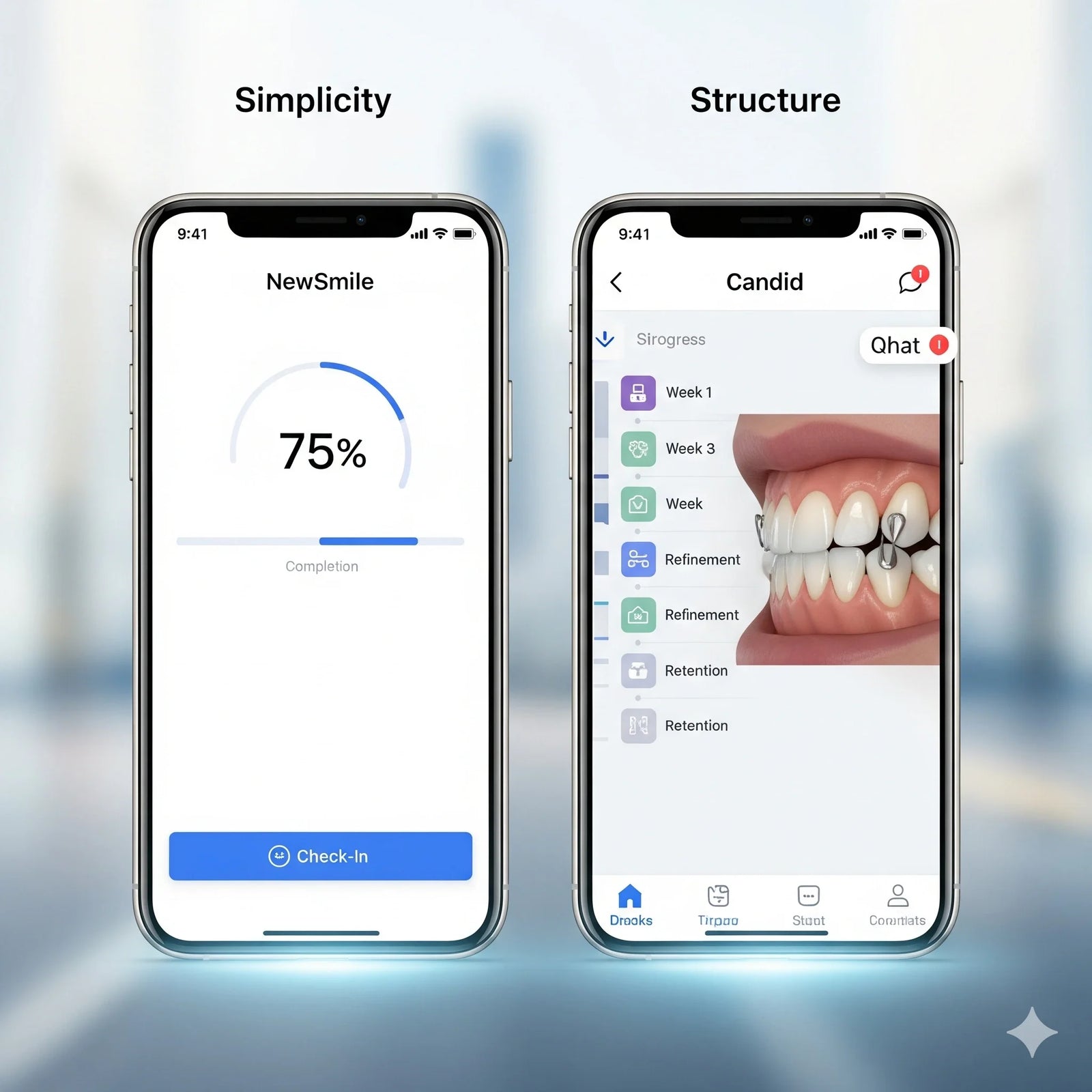 Side-by-side graphic: NewSmile app vs Candid app (simplicity vs structure).