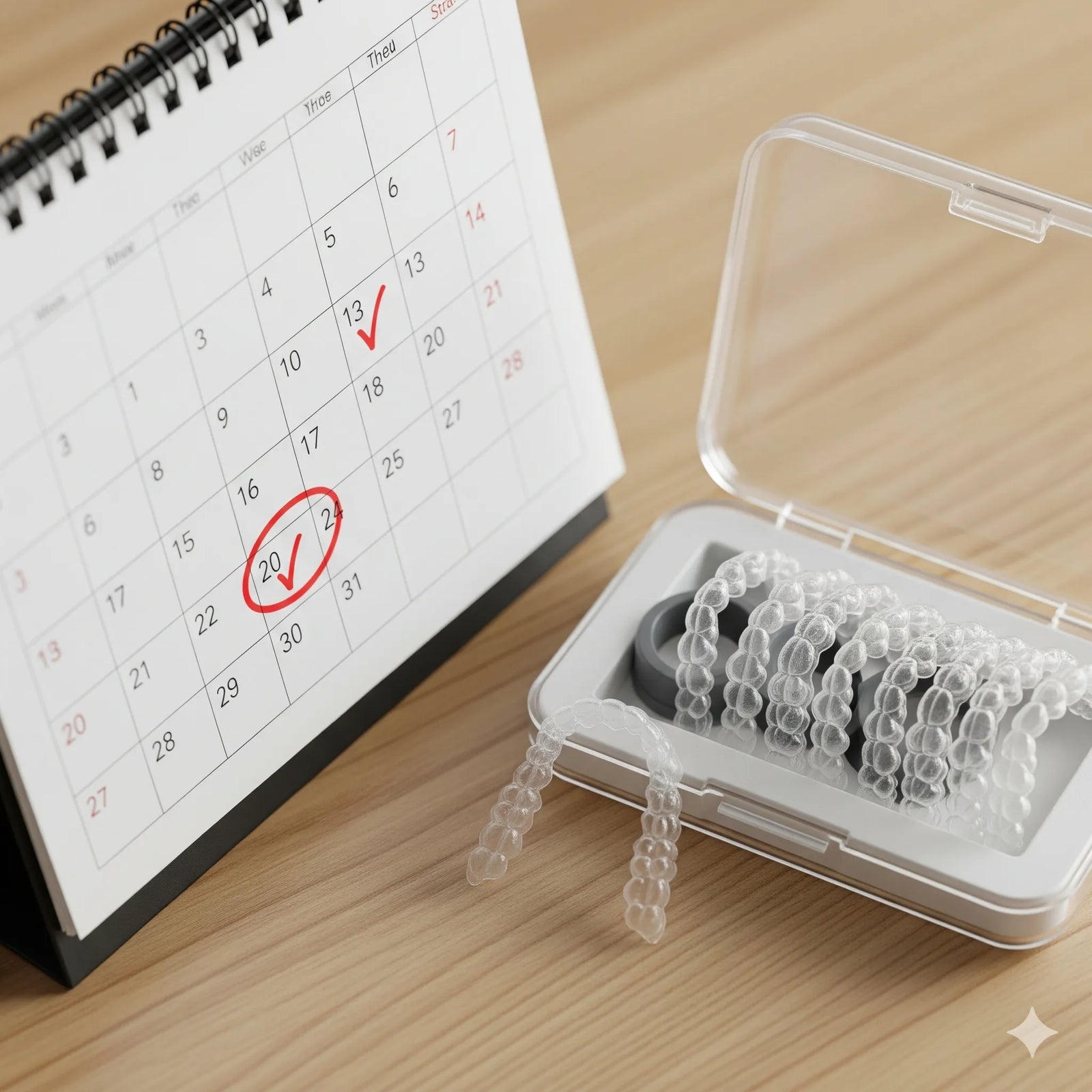 A calendar with aligner trays marking progress days.