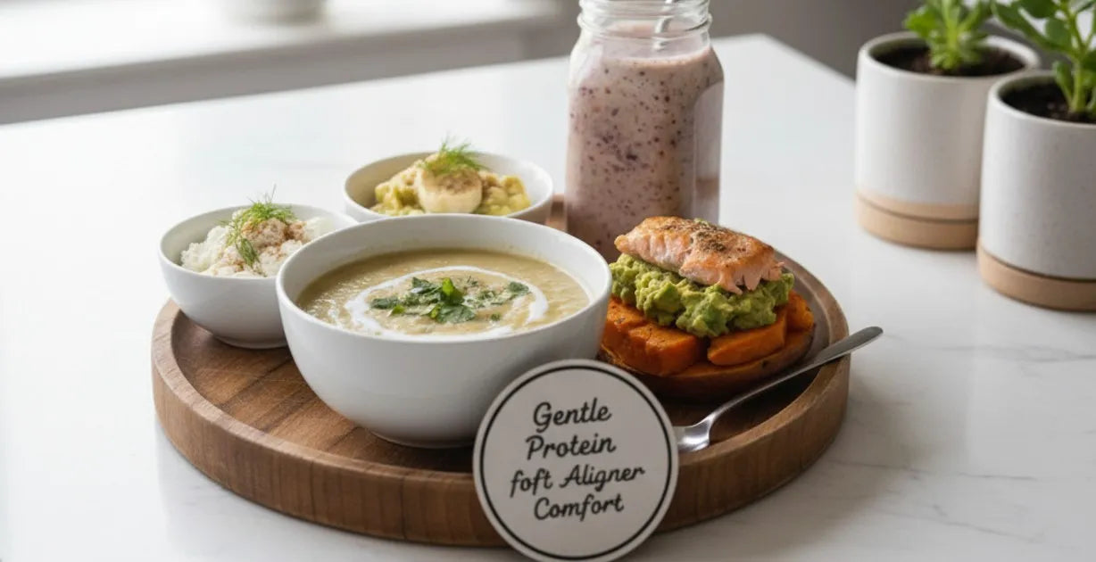Gentle protein soft foods for aligner discomfort