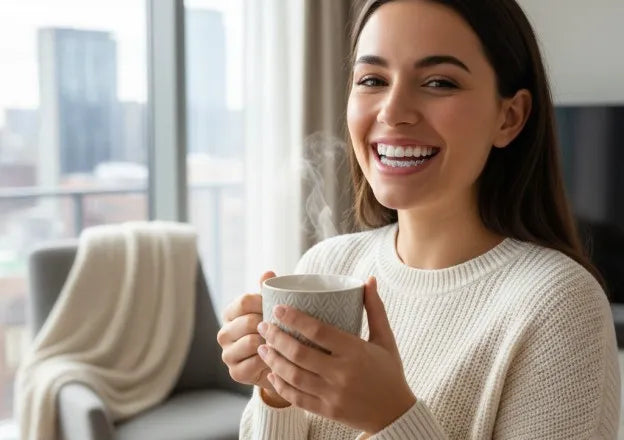 NewSmile user enjoying coffee while keeping aligners crystal clear.