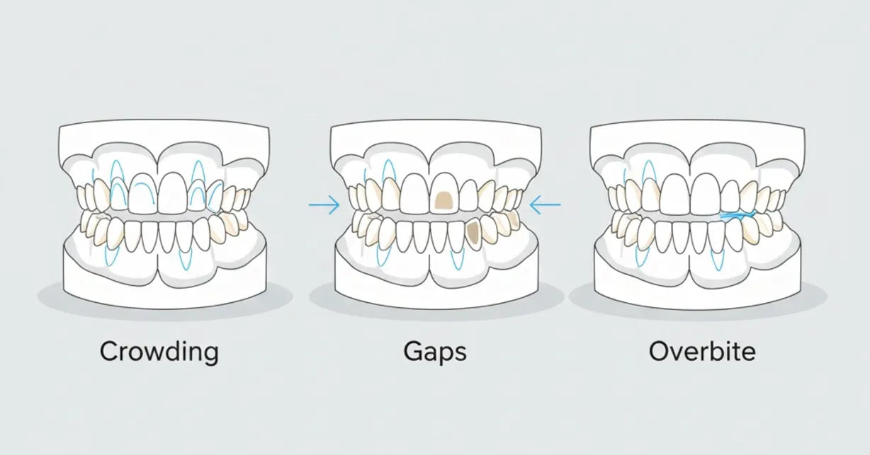 Diagram showing common crooked teeth alignment issues