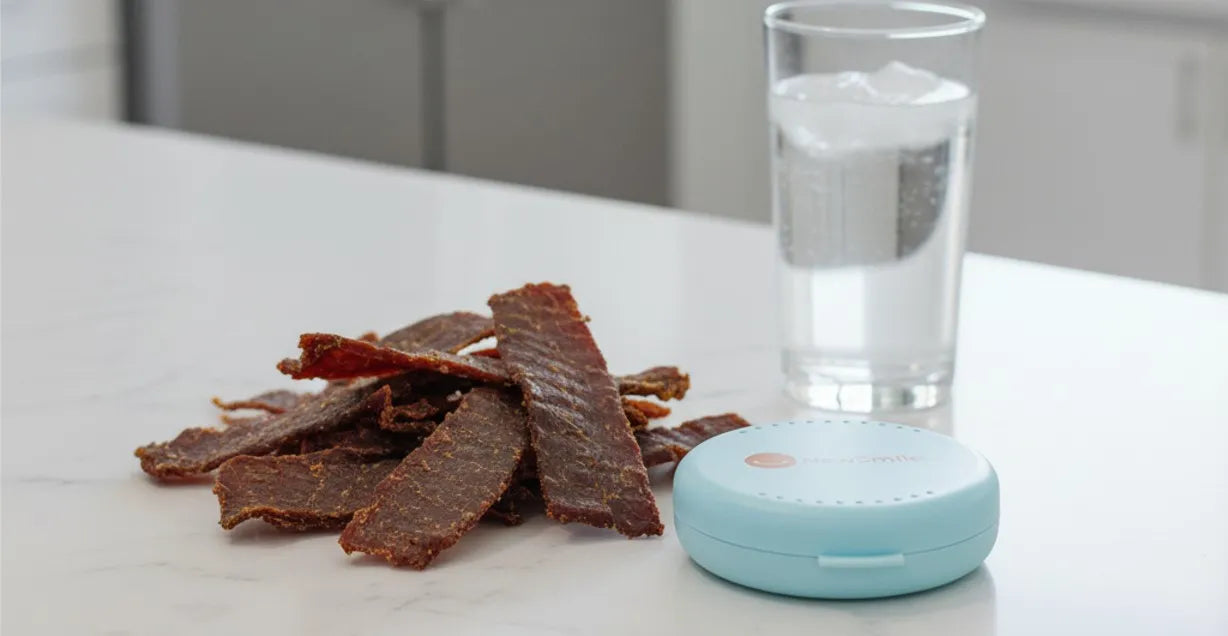 Beef jerky and aligner case showing snack risk