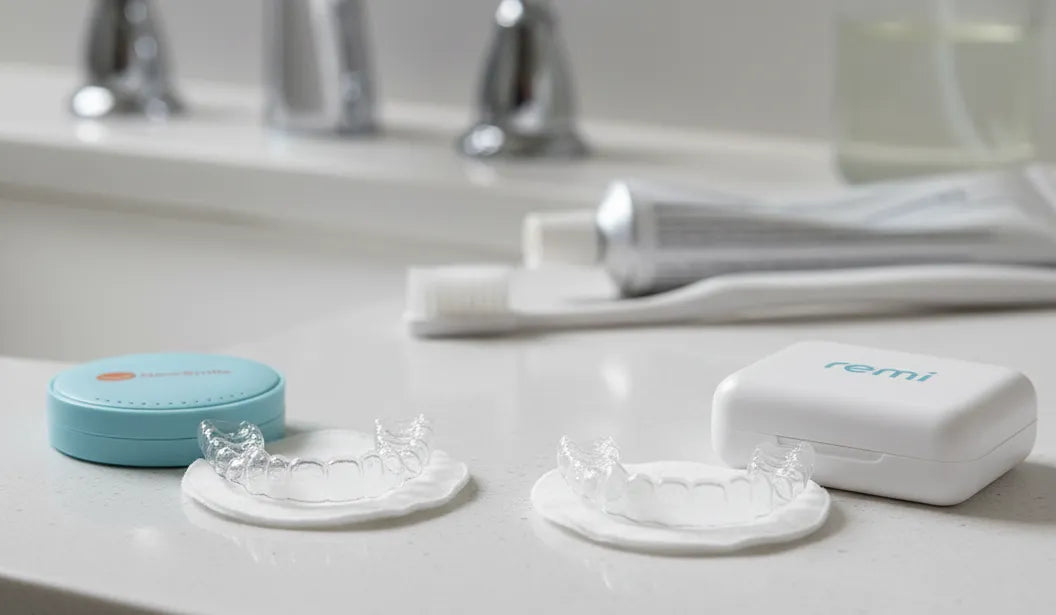 NewSmile and Remi custom night guards comparison on bathroom counter