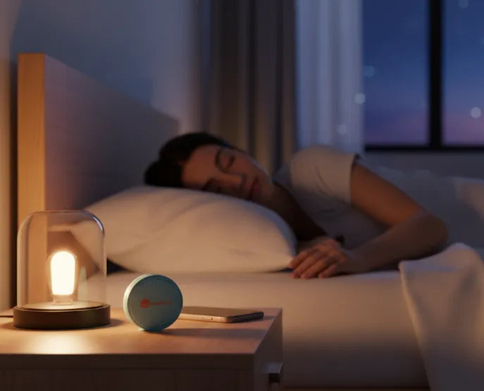 Person peacefully sleeping, guard case beside lamp