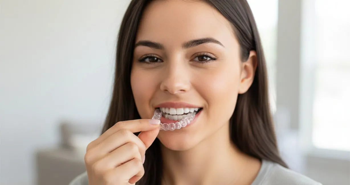 Adult smiling confidently with clear aligners from NewSmile