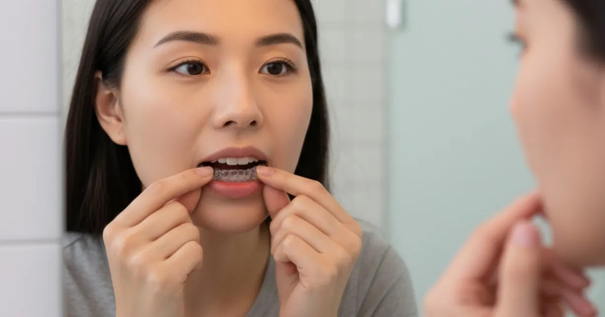 Checking retainer fit in mirror for proper alignment