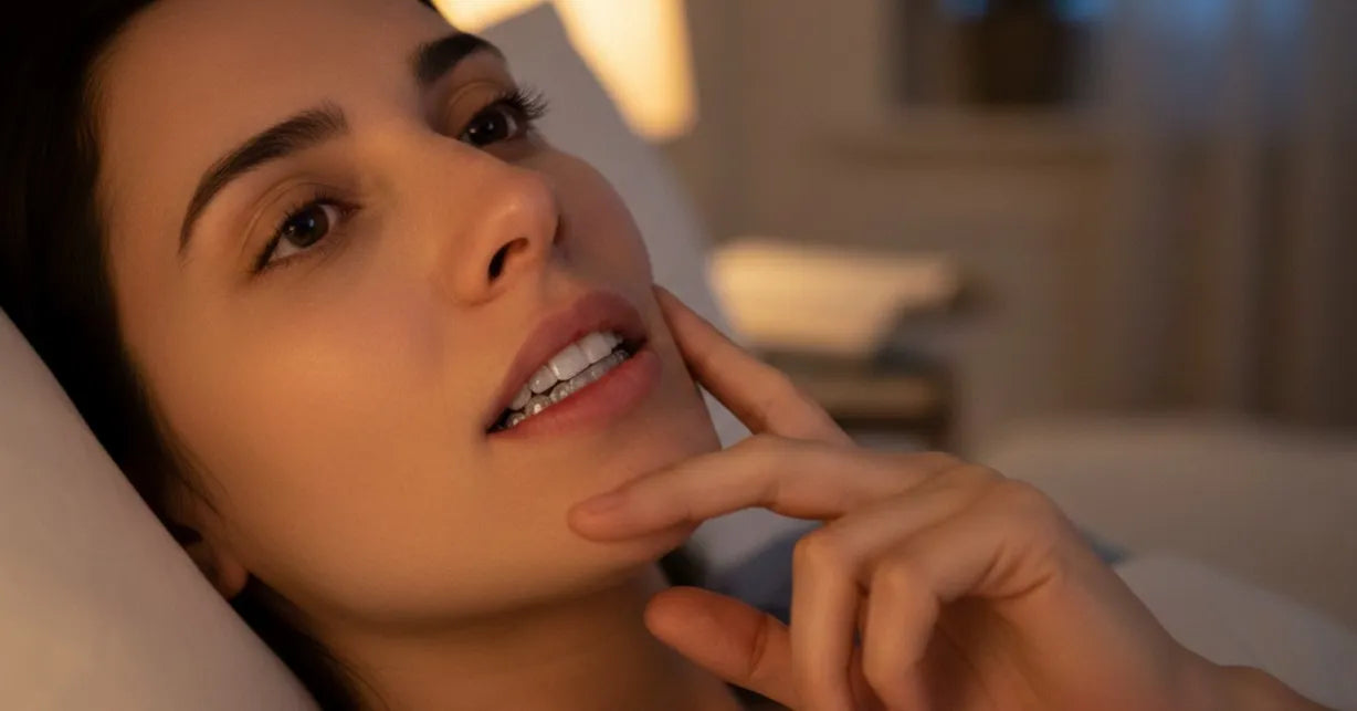 Person wearing a clear retainer to help relieve TMJ jaw pain while sleeping