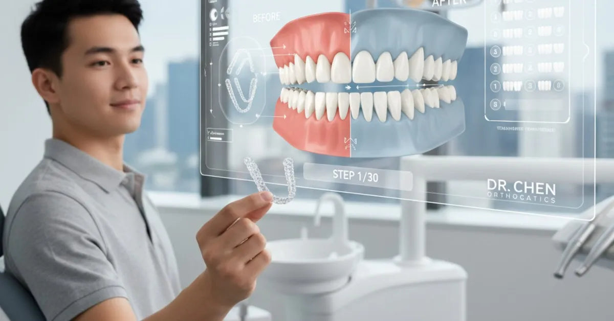 Person comparing clear aligners with digital treatment preview on laptop