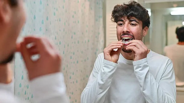 Person inserting a clear retainer before sleep