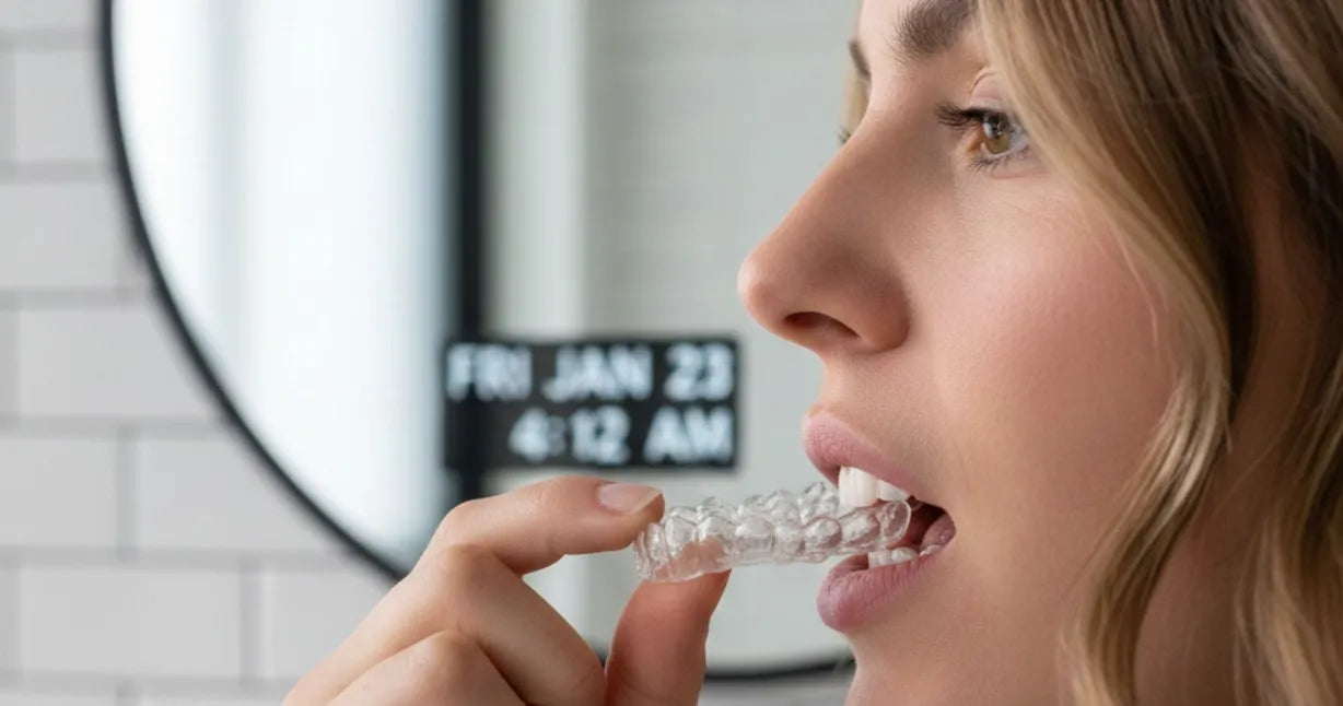 Young adult inserting a NewSmile clear retainer for comfortable tooth alignment