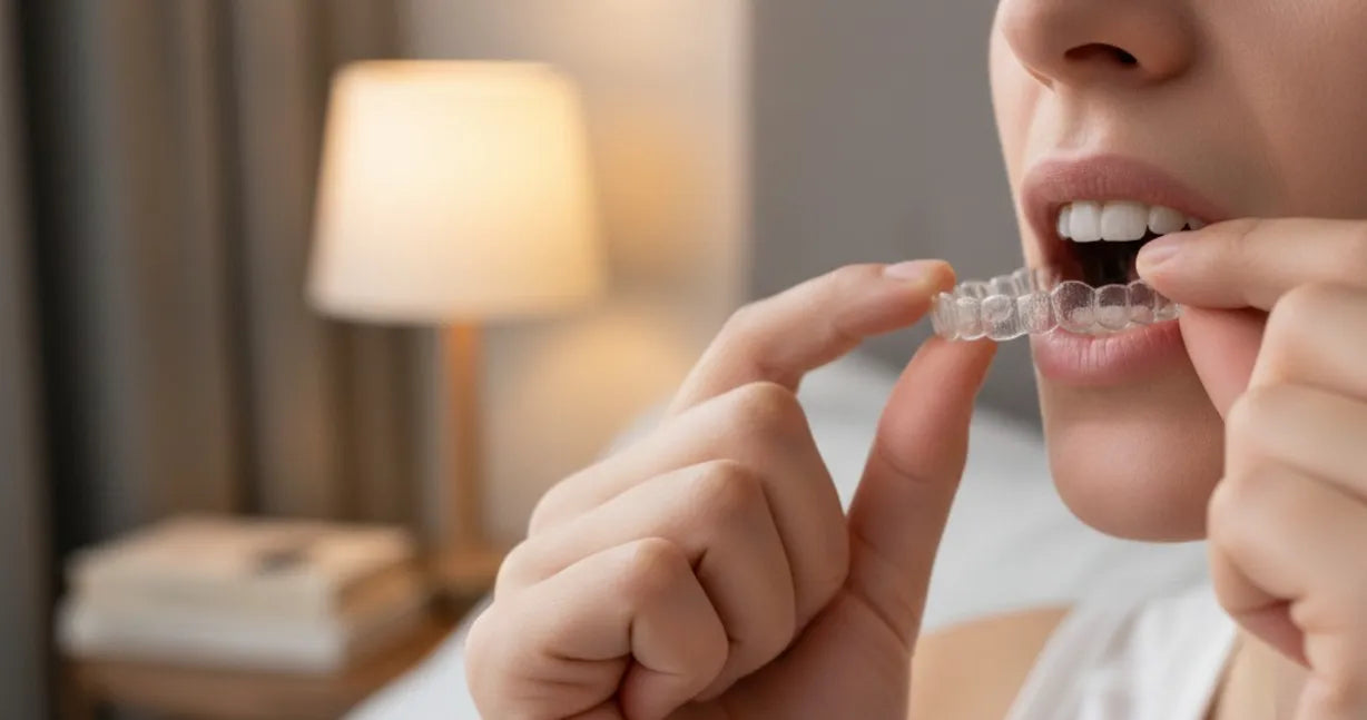 Person inserting a clear nighttime retainer before sleep