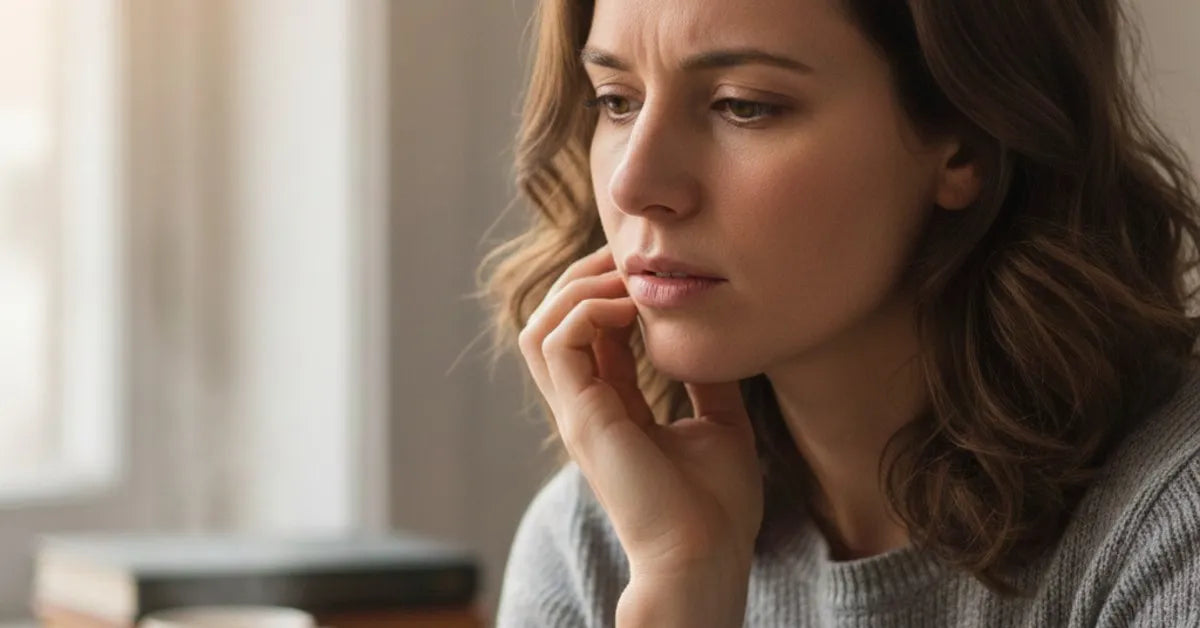 Person touching the side of their jaw near the ear due to TMJ discomfort