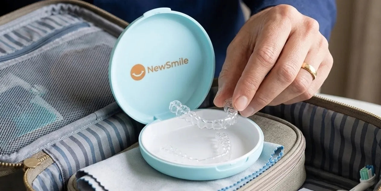 Busy professional storing NewSmile clear retainers in a travel case for convenient use on-the-go