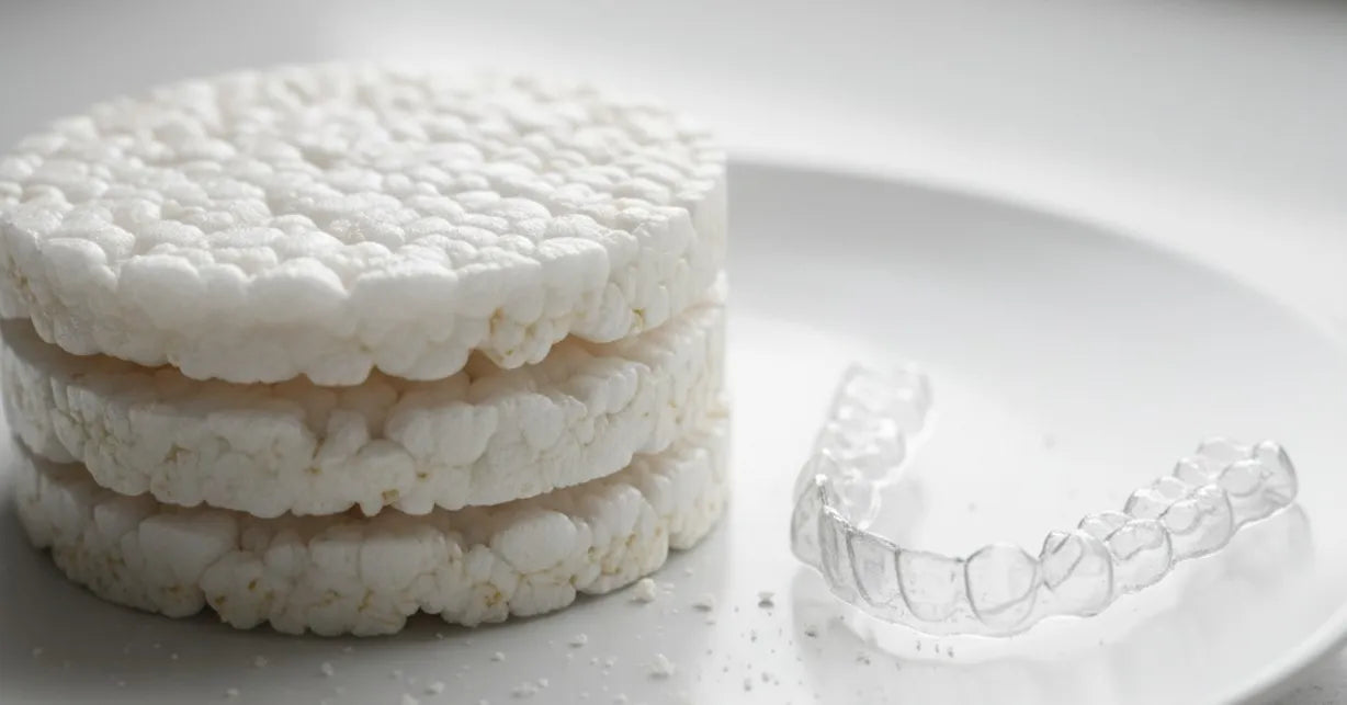 Rice cakes near aligner case showing potential risks