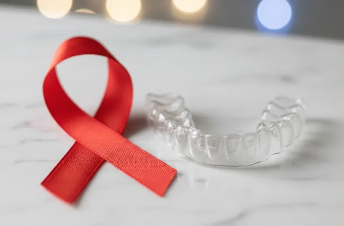Close-up of clear night guard placed beside HIV/AIDS awareness ribbon.