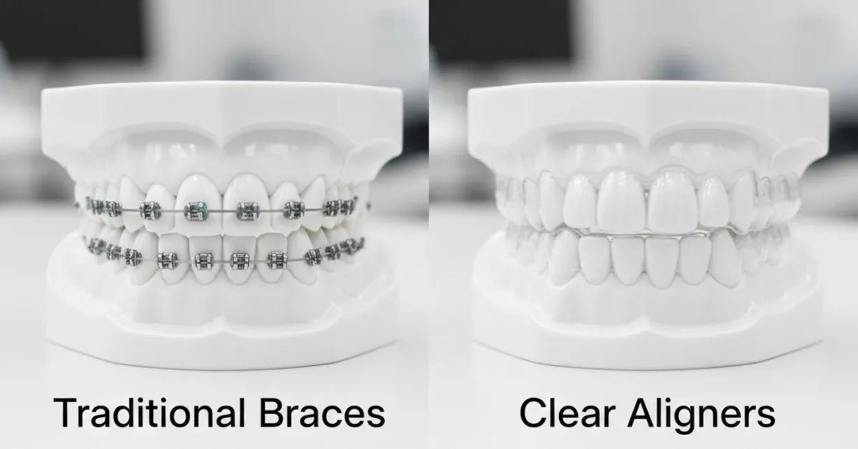 Comparison of traditional metal braces and clear aligners showing evolution in teeth straightening.”