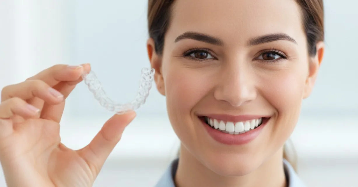 Adult smiling and holding a clear aligner for teeth straightening