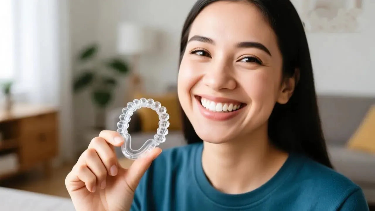 Adult holding clear aligners during at-home orthodontic care