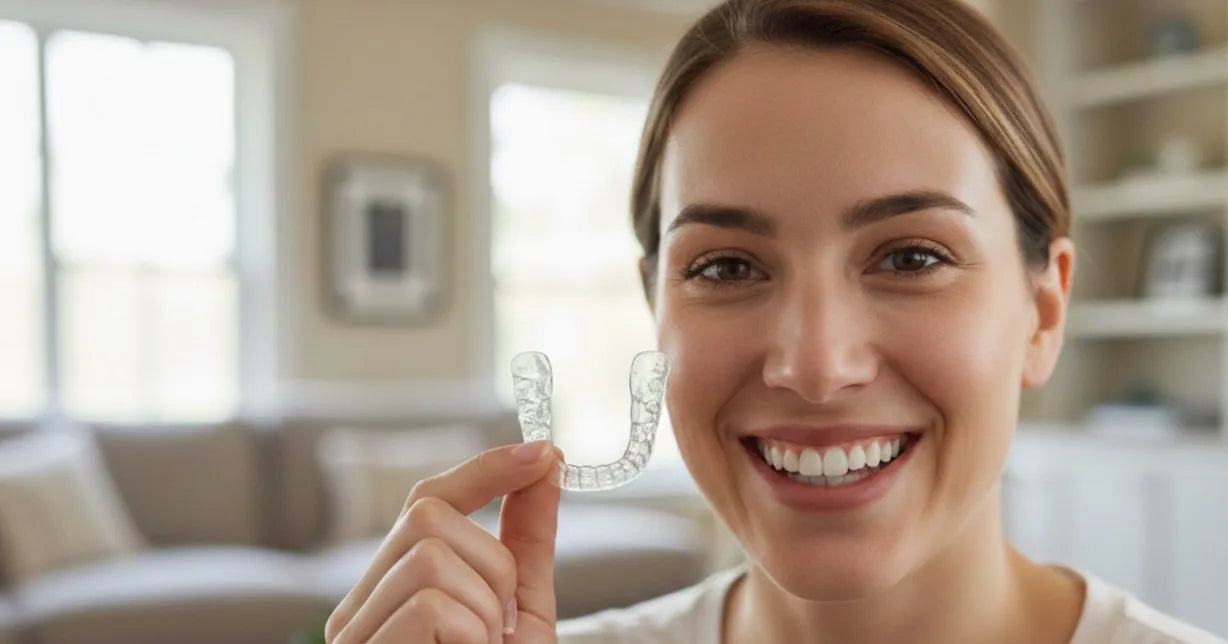 Adult holding a clear retainer and smiling, showing proper retention after braces