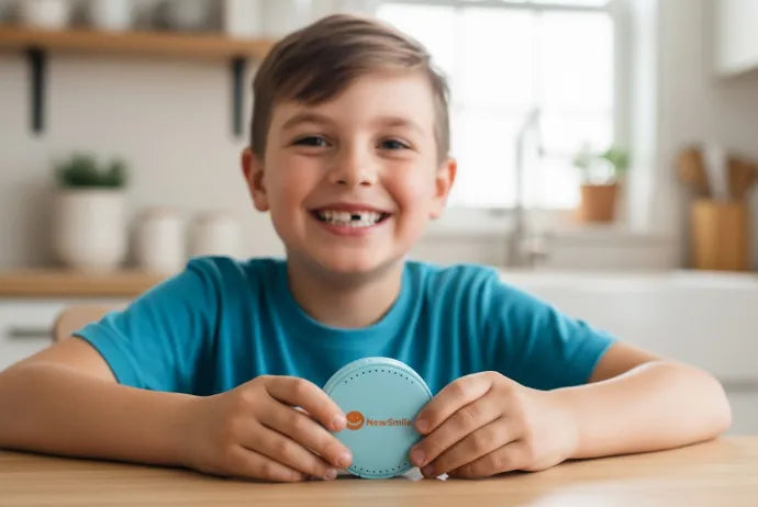 Smiling child holding a clear retainer case