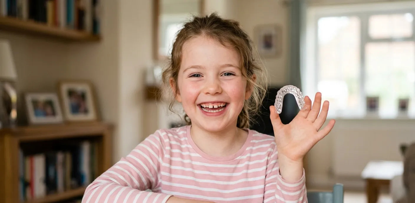Child holding a NewSmile clear retainer showing safe and comfortable orthodontic care for kids