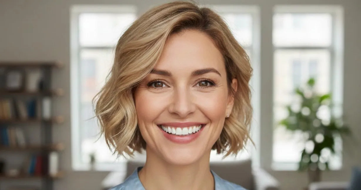 Confident adult smile after clear aligner teeth straightening