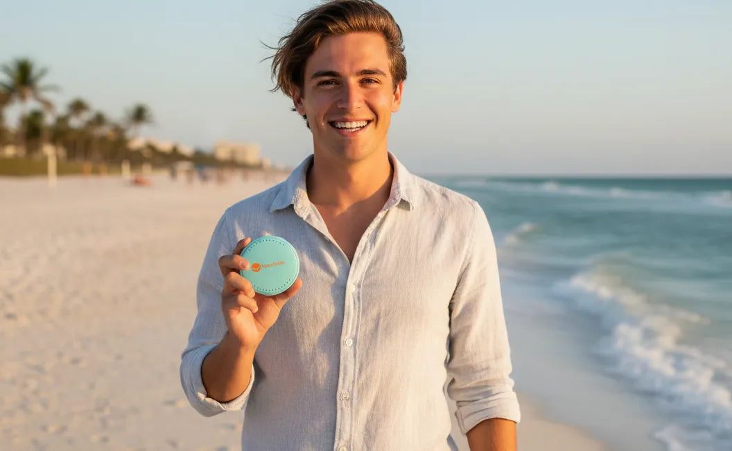 Smiling person on a Florida beach with clear aligner case in hand