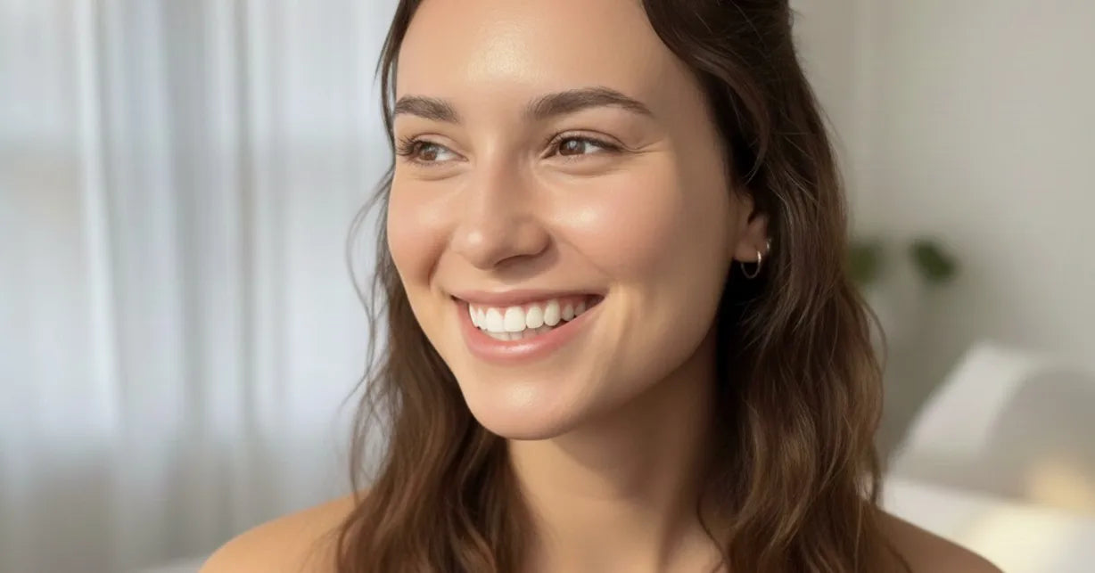 Happy customer smiling with perfectly aligned teeth thanks to NewSmile clear retainers