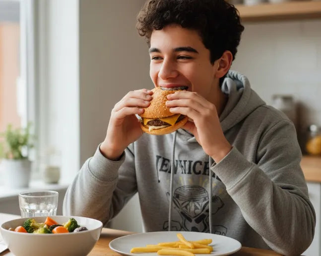 Smiling teen eating a small burger with braces