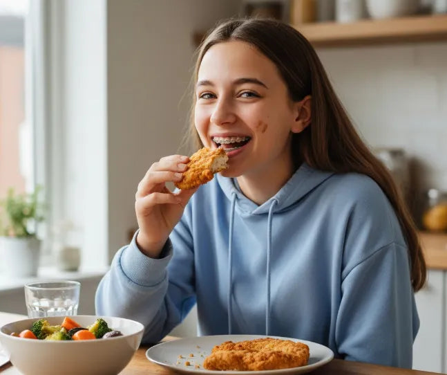Smiling teen with braces eating soft baked chicken
