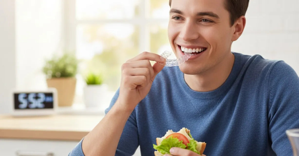 Person removing a NewSmile retainer before eating to protect teeth alignment.