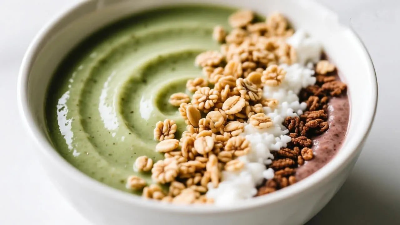Aligner-friendly smoothie bowl with softened granola topping.