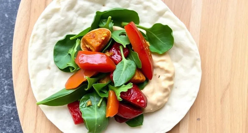 Soft veggie wrap with hummus and roasted peppers—aligner-friendly lunch.
