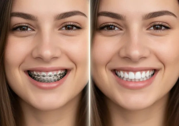 Before and after smile transformation comparing braces and NewSmile clear aligners.