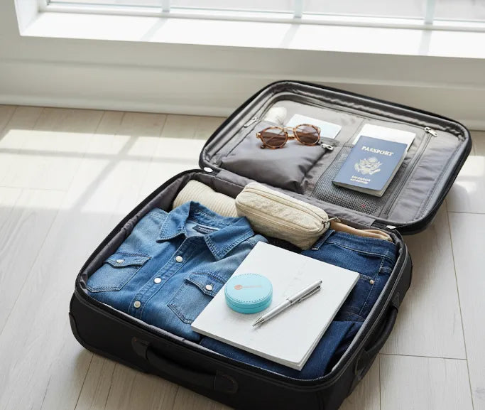Suitcase flatlay with night guard case packed.