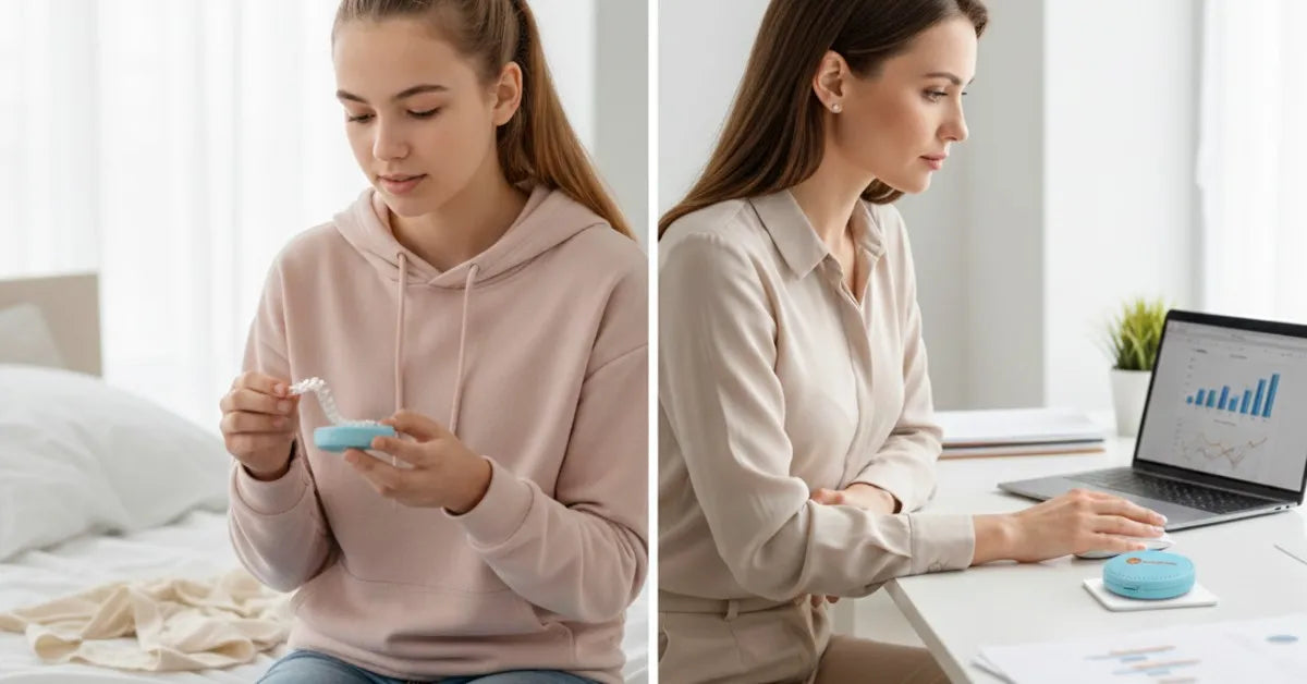 Teen and adult comparing clear aligner options side-by-side