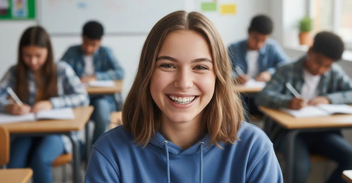 Teen smiling confidently with clear aligners at school