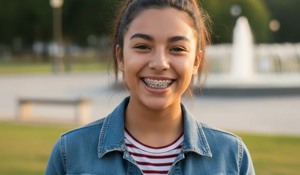 Teen smiling with braces showing confidence