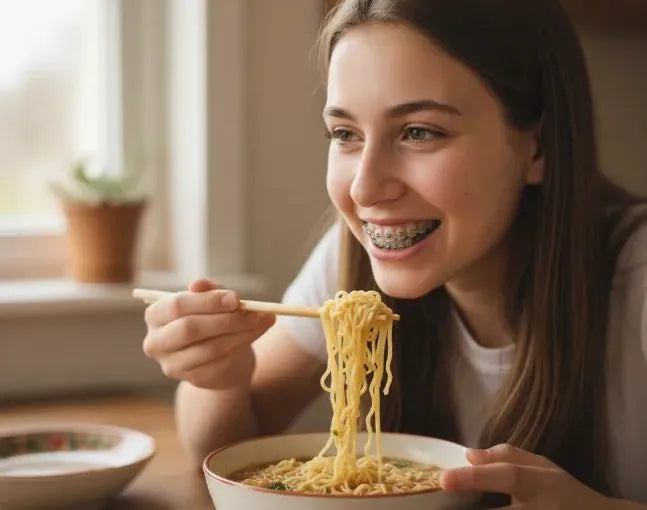 Teen with braces happily eating a bowl of soft noodles.