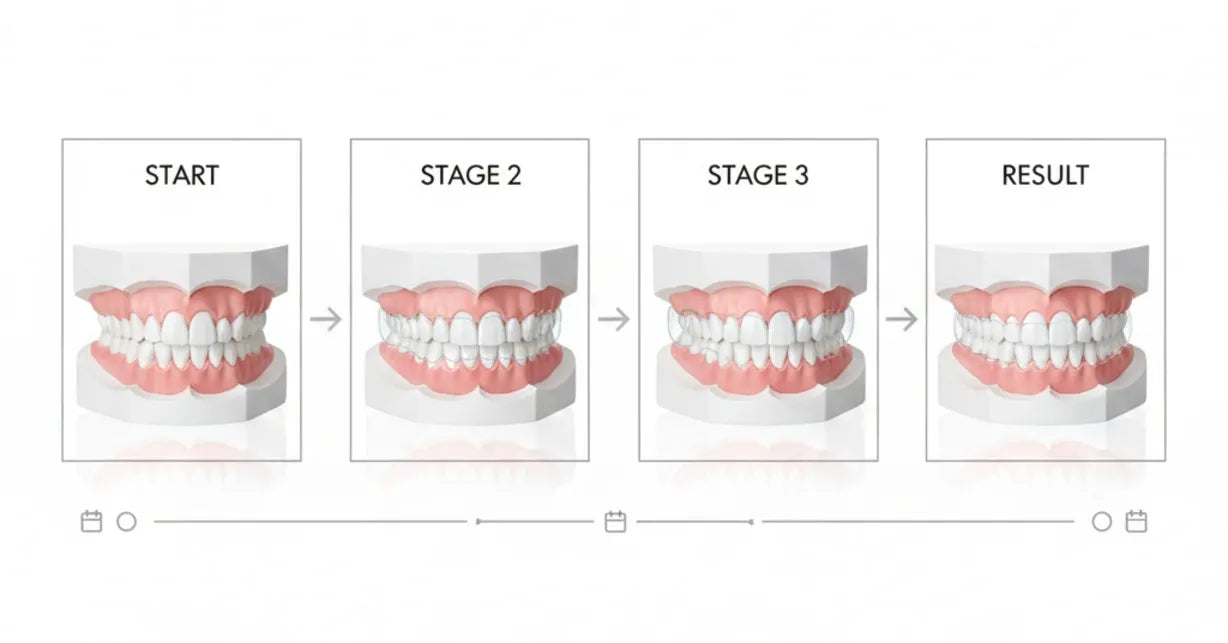 Illustration showing teeth straightening progress with clear aligners