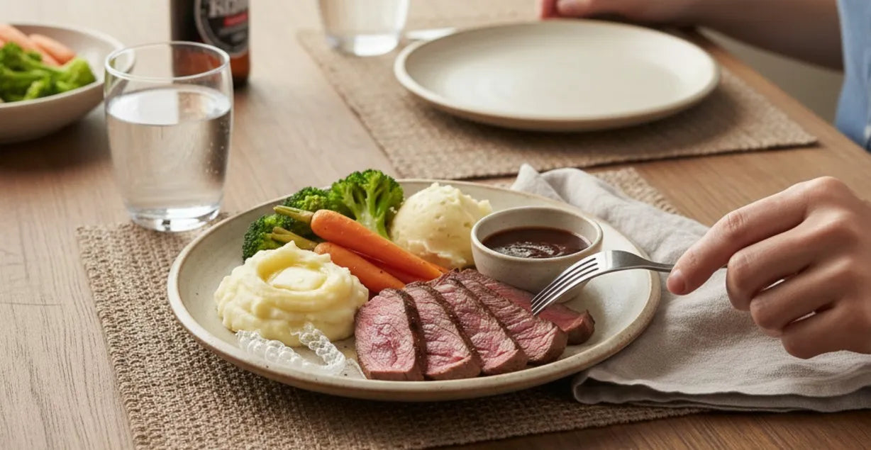 Tender steak sliced thin for braces wearers
